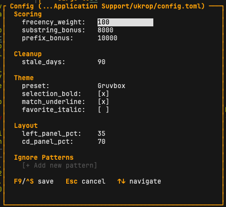 ukrop in-TUI config editor with Gruvbox theme
